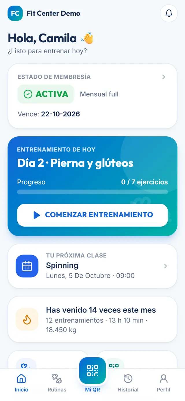 App del socio de ARM Gym con el estado de su membresía, el entrenamiento de hoy y su próxima clase reservada