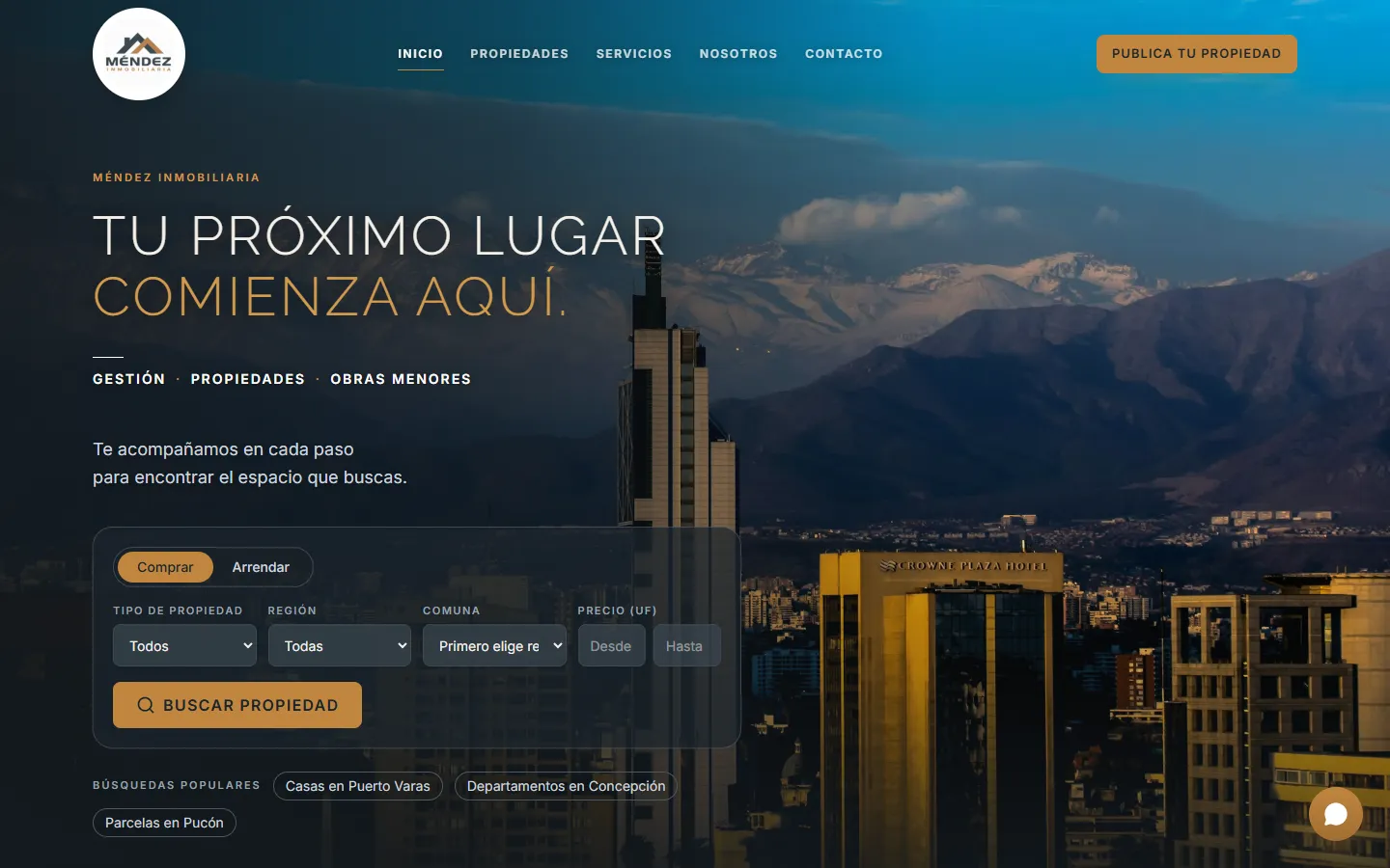 Portada del sitio de Méndez Inmobiliaria con el buscador de propiedades para comprar o arrendar