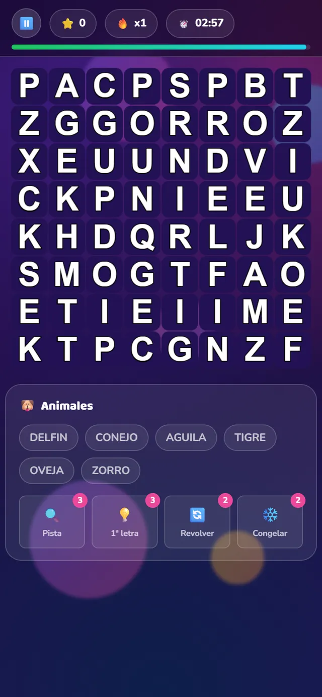 Tablero del juego Sopa de Letras con la temática Animales, el cronómetro y las ayudas